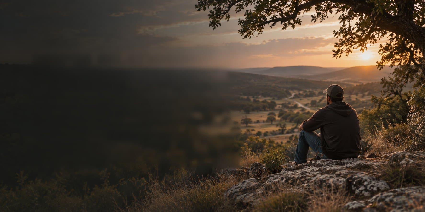 A man sitting on a rocky hillside overlooking a valley at sunset