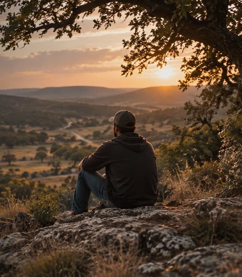 A man sitting on a rocky hillside overlooking a valley at sunset