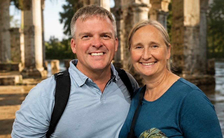 Robert Upton and his wife smiling among ancient stone columns